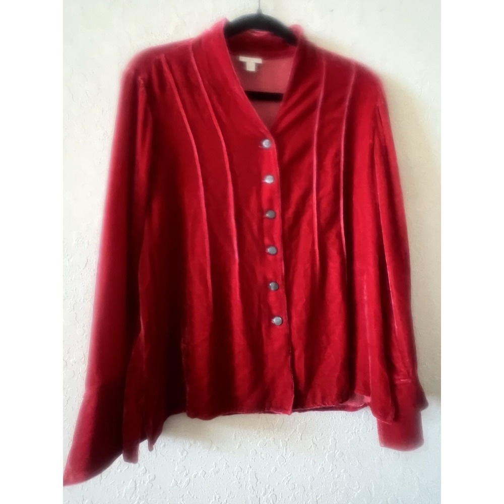 J Jill Crushed Rich Red Velvet Button Up Tunic Top Blouse Silk Blend L Petite - Picture 2 of 10
